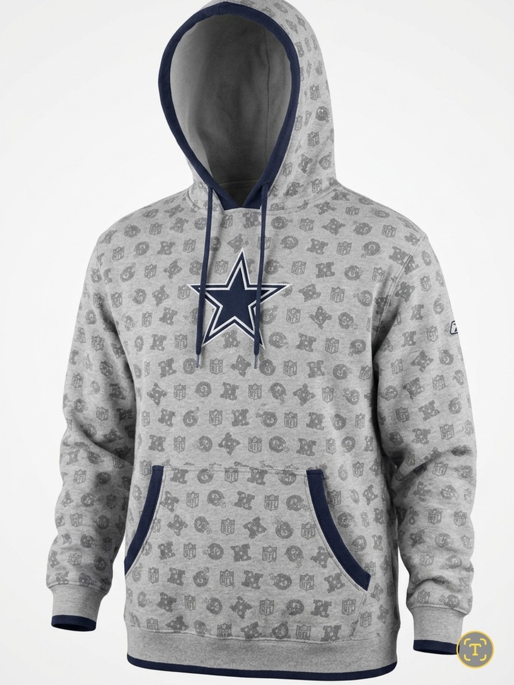 Y2K 90S Reebok Dallas Cowboys Gray Pullover Hoodie Navy Trim and Logo Size XXL